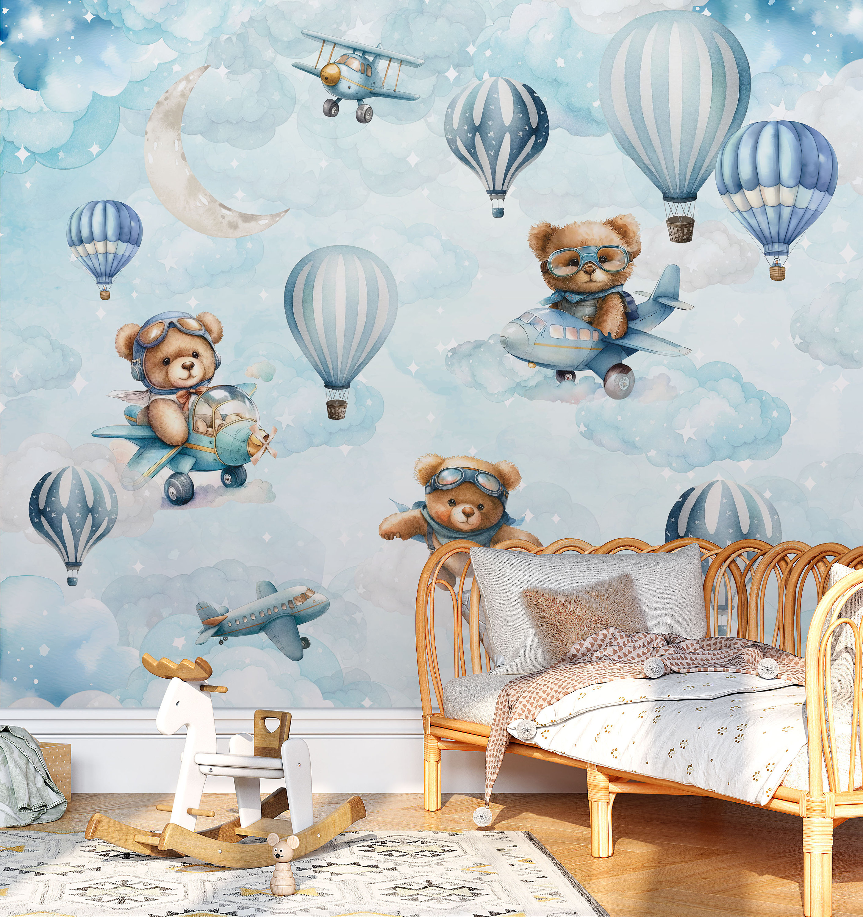 Blue Hot Air Balloon Nursery Wallpaper Flying Teddy Bear Aviator Wall ...