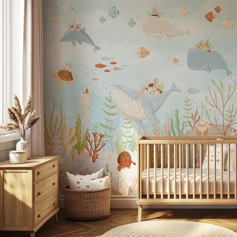 Ocean Nursery Wallpaper Mural Underwater Whale & Sea Life Wall Art Baby ...