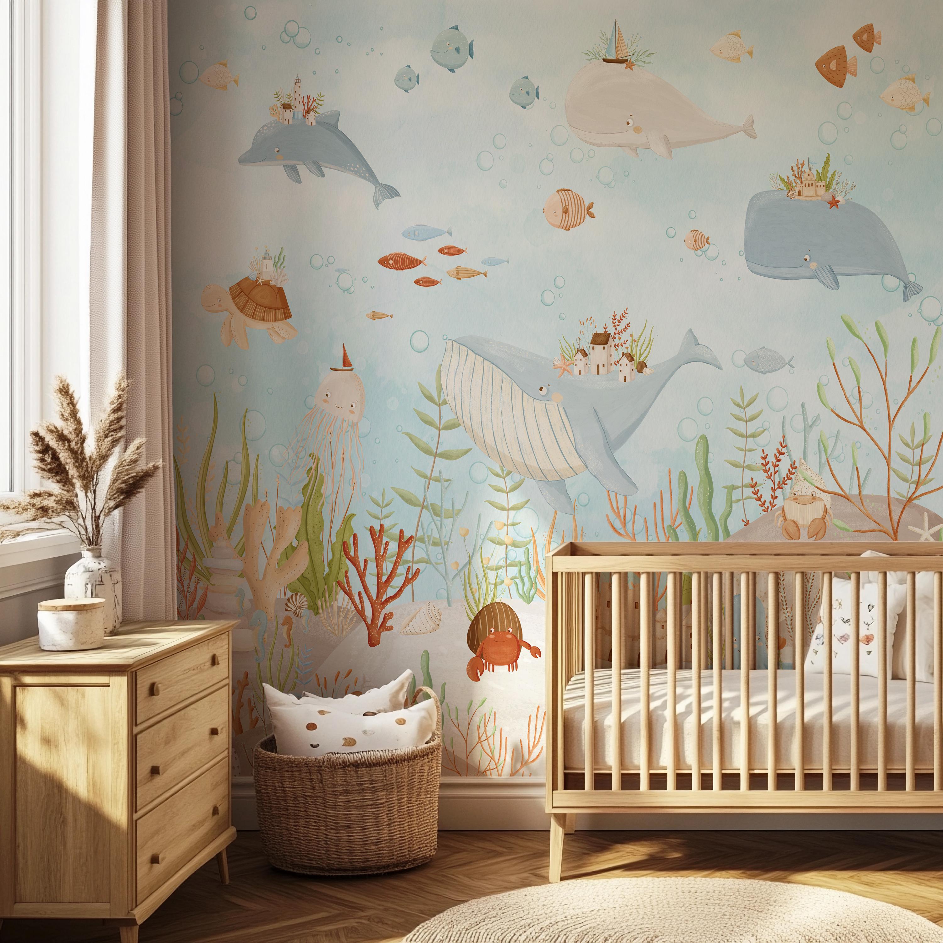 Ocean Nursery Wallpaper Mural Underwater Whale & Sea Life Wall Art Baby ...
