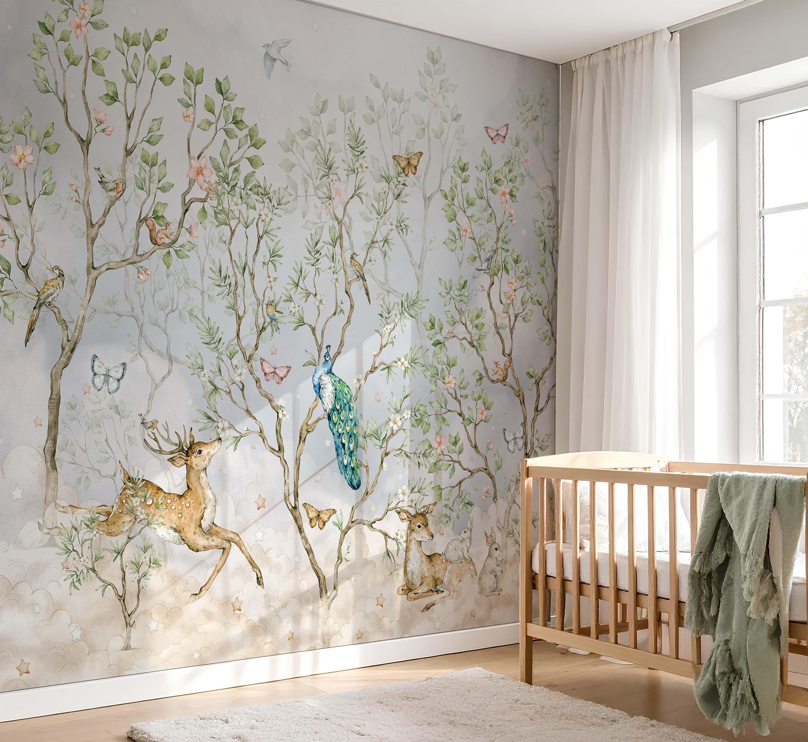 Chinoiserie Nursery Wallpaper Botanical Birds and Blossoms Woodland ...
