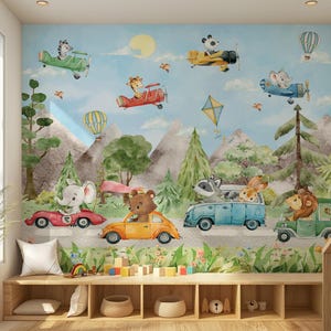 Hot Air Balloon Nursery Airplane Wallpaper Watercolor Safari Animals  Cars Wall Decor Wall Art Kids Room Mural Peel and Stick