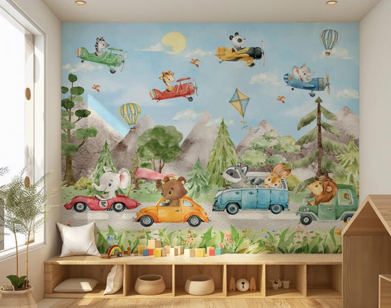 Hot Air Balloon Nursery Airplane Wallpaper Watercolor Safari Animals  Cars Wall Decor Wall Art Kids Room Mural Peel and Stick
