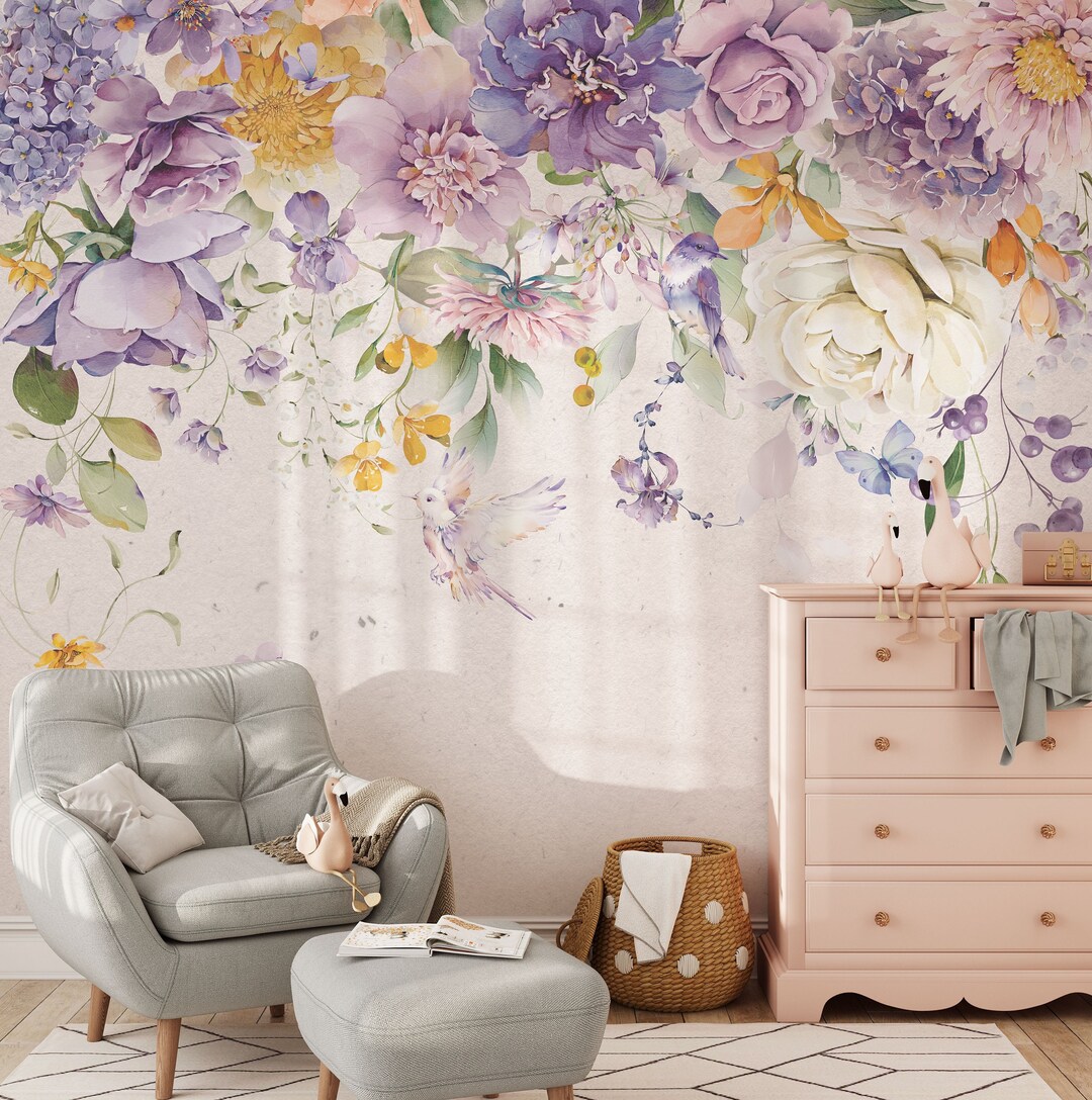 Large Flower Wallpaper Watercolor Floral Wall Mural Peony Blossom Peel ...