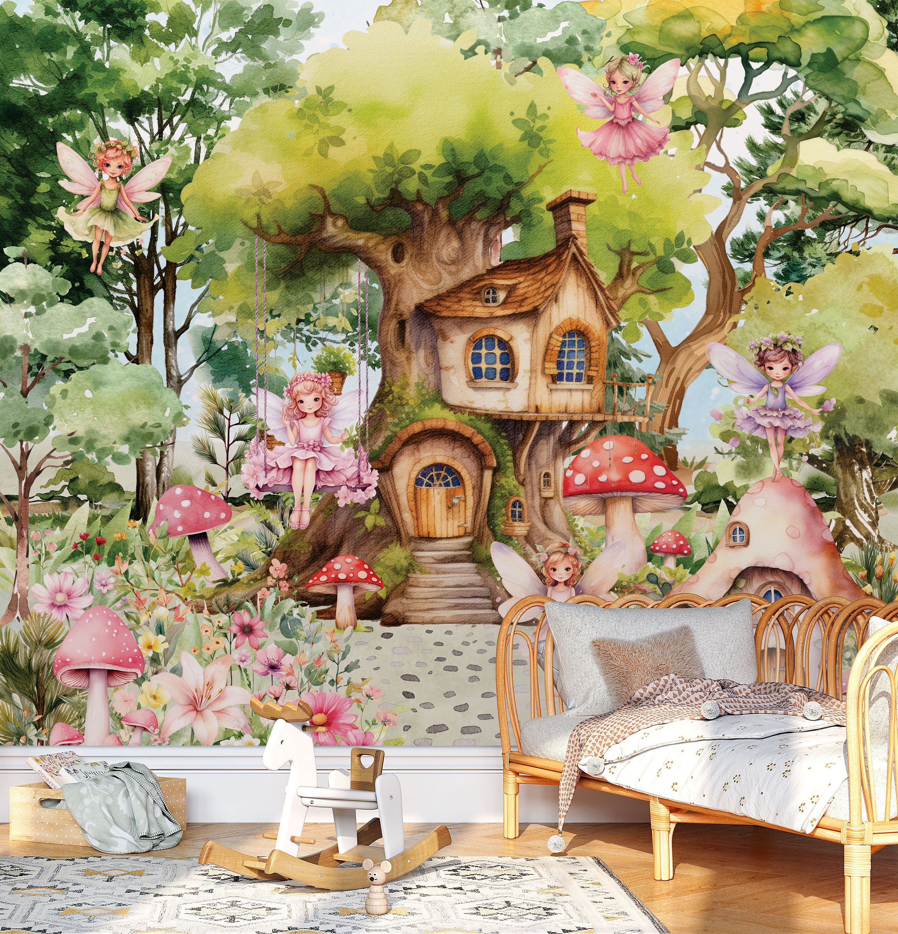 妖精のツリーハウスの保育園の壁紙、おとぎ話の森、剥がして貼る女の子