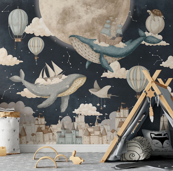 Whales and ships wallpaper, Nursery wall mural, Space and stars wall art