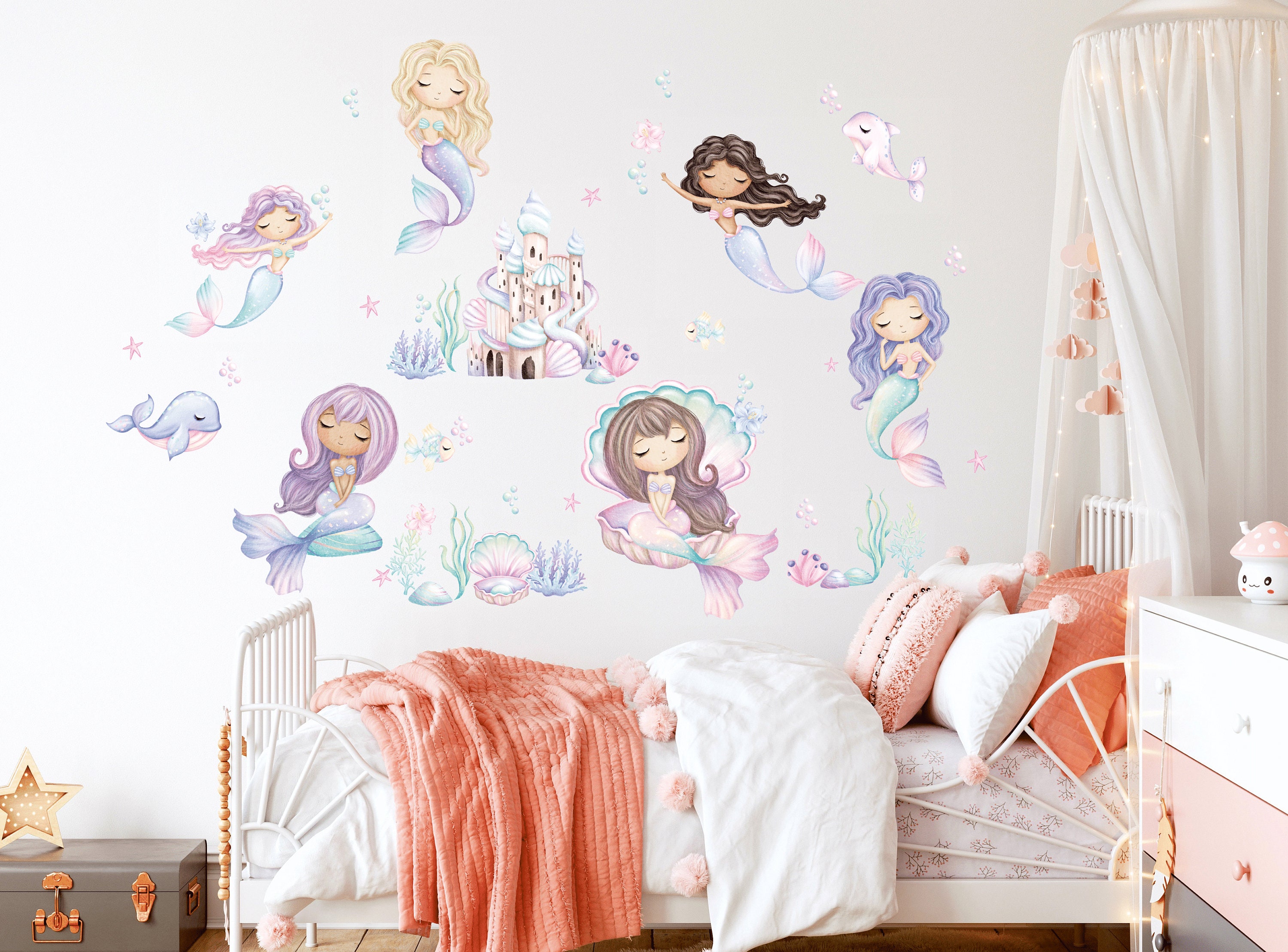 Mermaid Nursery Wall Decal, Watercolor Sea Animals, Under the Sea ...
