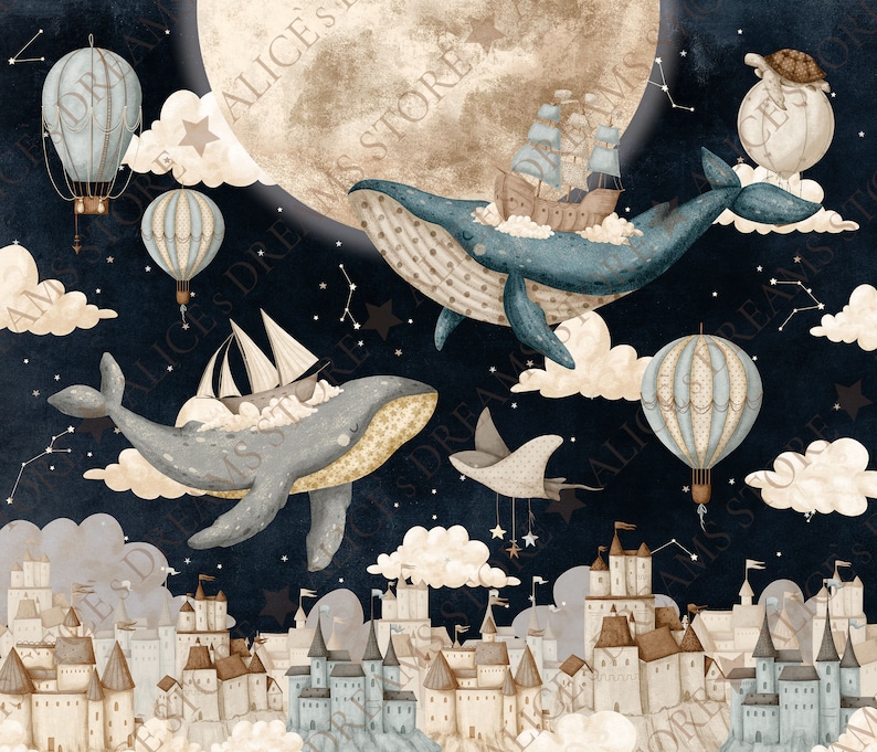 May include: A whimsical illustration of a night sky with a large moon, stars, and clouds. Two blue whales fly through the air, one carrying a sailboat and the other carrying a ship. There are also hot air balloons and a flying turtle.