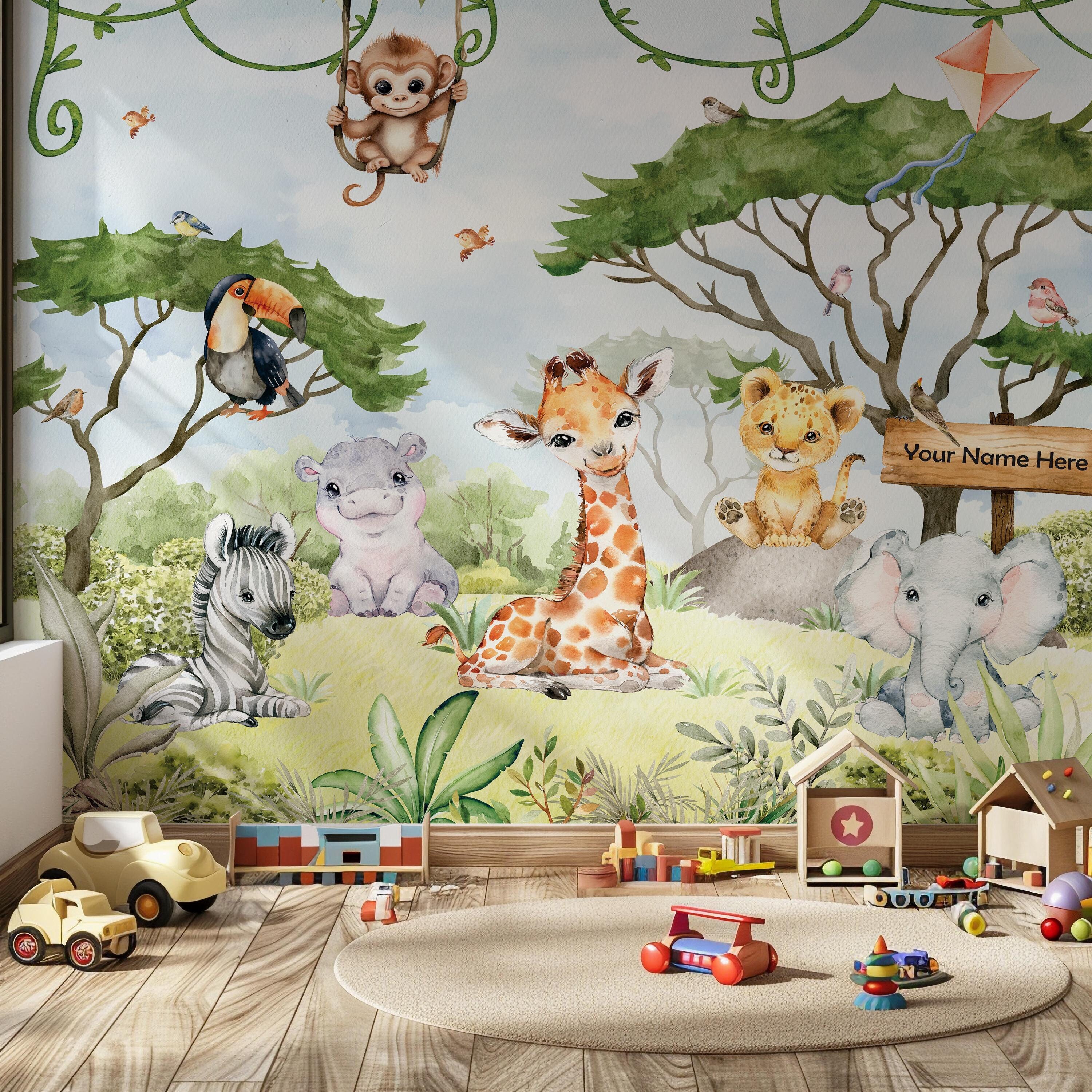 Safari Animals Nursery Wallpaper Palm Trees Wall Decor Watercolor Jungle Animals Wall Art Kids Room Mural Peel and Stick