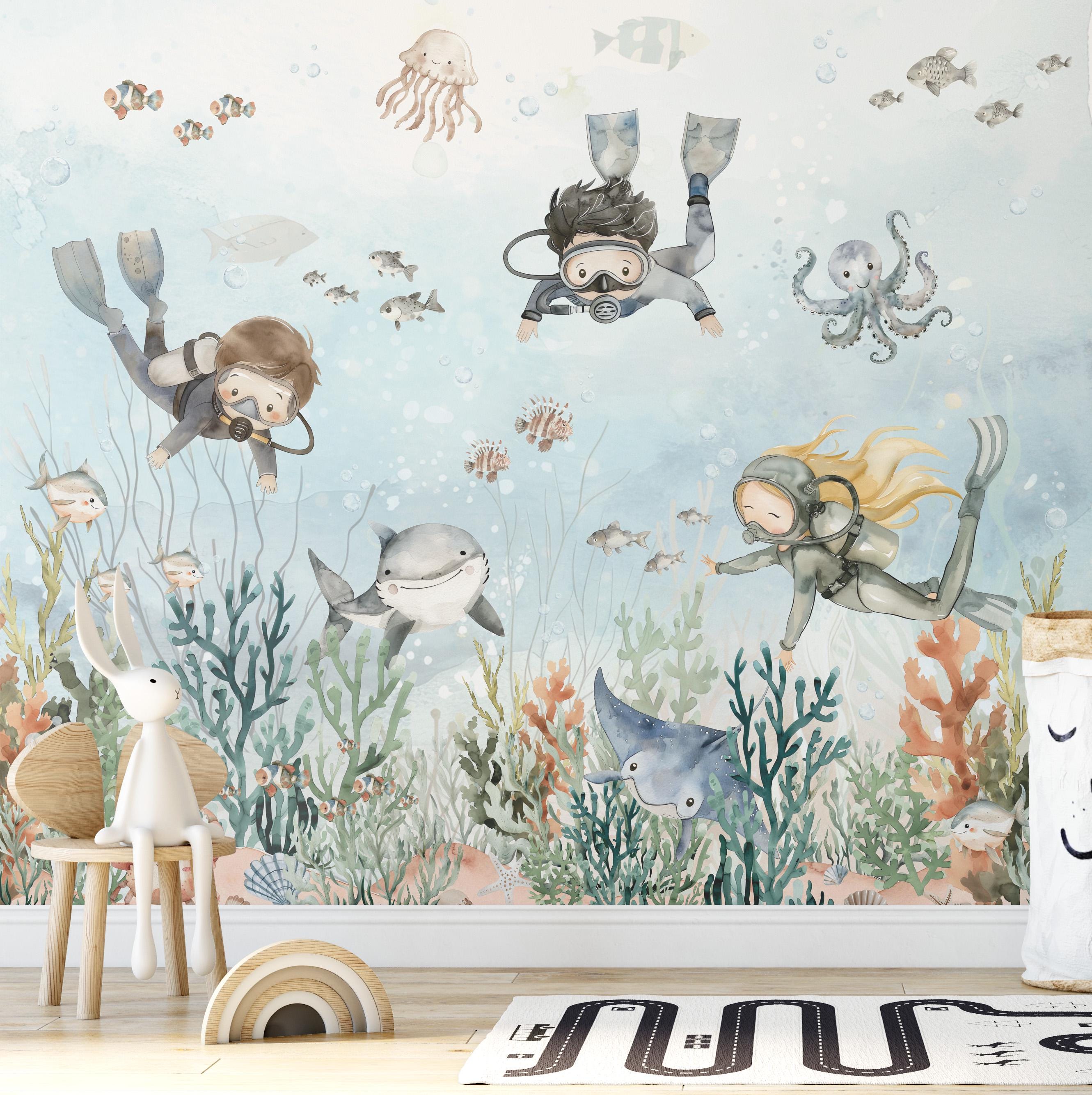Under the Sea Nursery Wallpaper Little Divers Ocean Life Wall Art ...