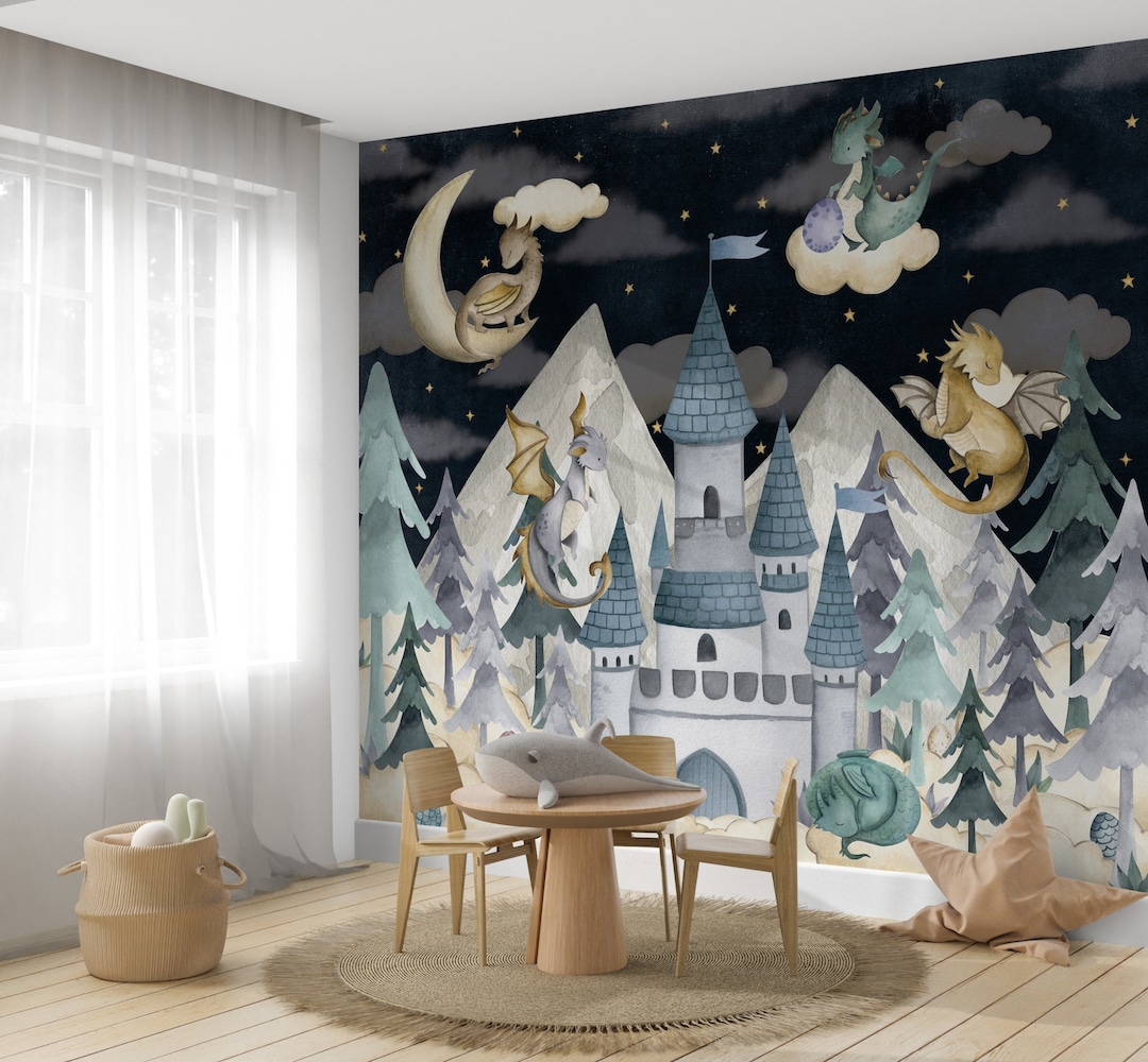 Dragon Nursery Wallpaper Fairy Castle Wall Art Sky and Clouds Forest ...