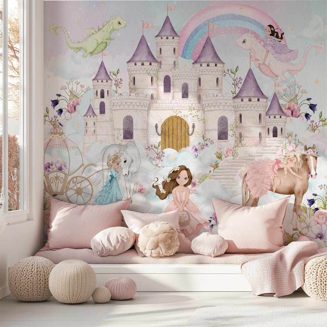 Princess and Castle Nursery Wallpaper Magic Kingdom Fairytale Peel and ...