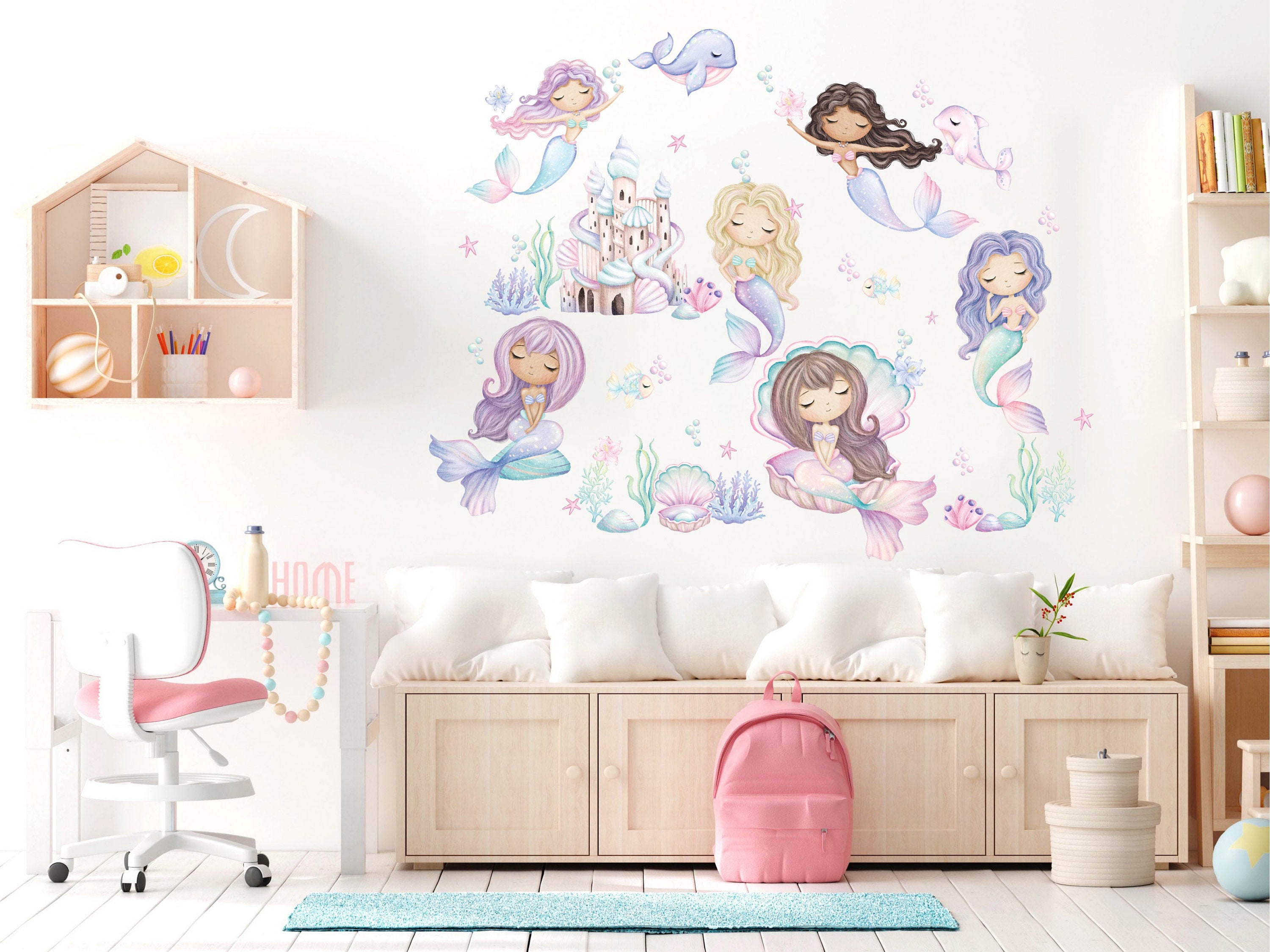 Mermaid Nursery Wall Decal, Watercolor Sea Animals, Under the Sea ...