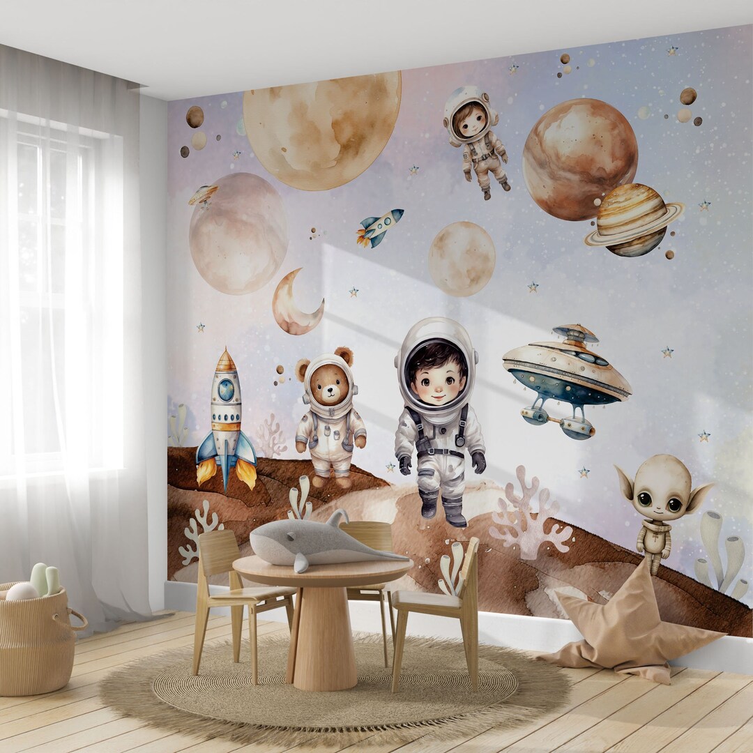 Space and Planets Nursery Wallpaper Astronaut Peel and Stick Wall Mural ...