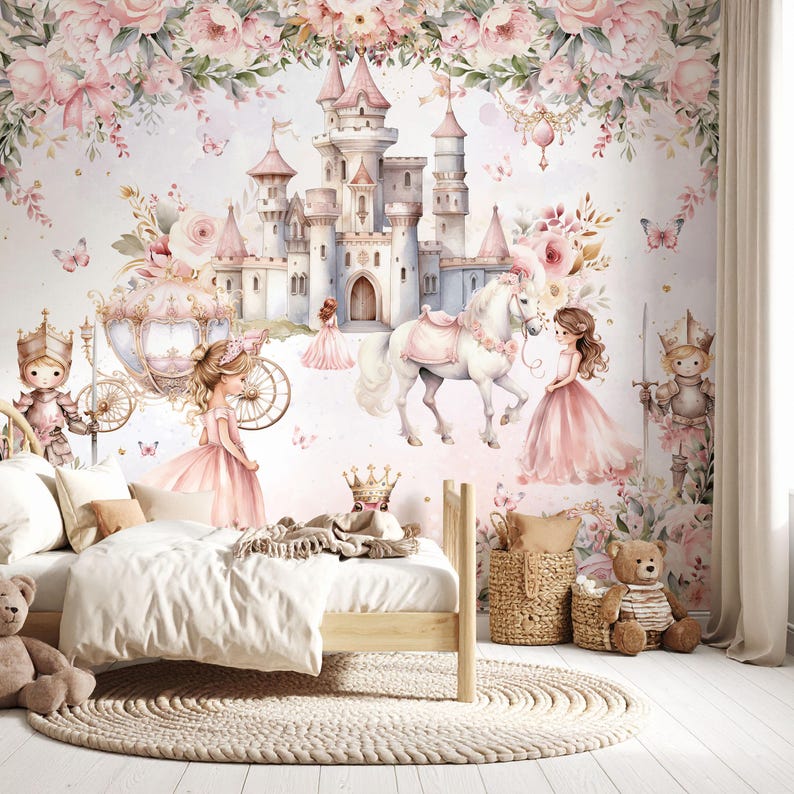 Princess and Castle Nursery Wallpaper Magic Kingdom Fairytale Peel and ...
