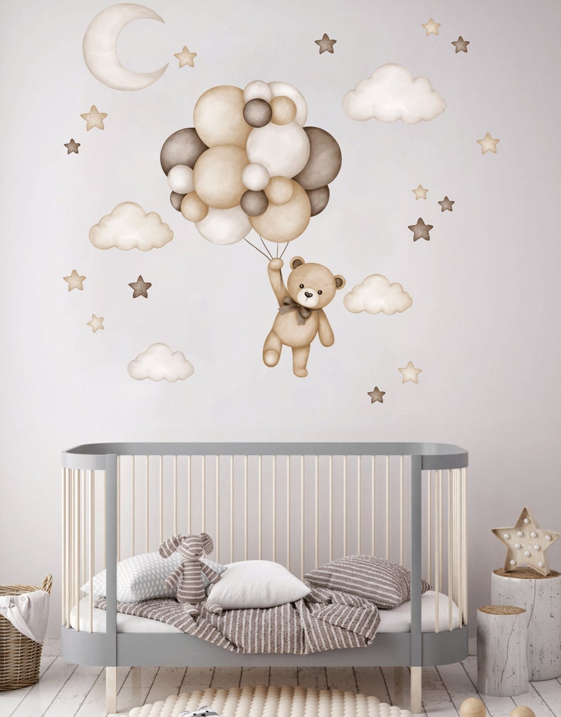 Ours en peluche personnalisé avec des montgolfières, décalcomanie murale pour chambre d'enfant, décalcomanie murale pour enfants, animaux aquarelles, montgolfière, sticker mural avion 1 teddy bear L size