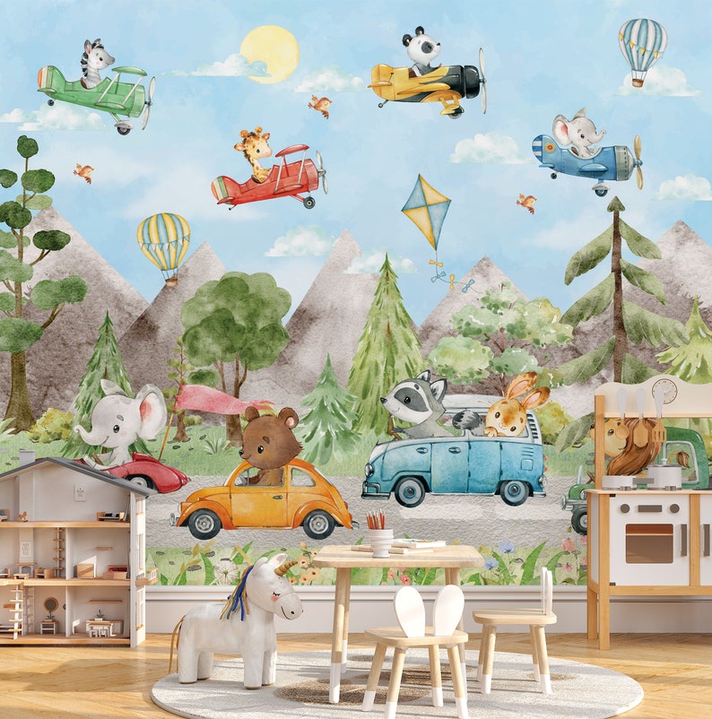 May include: A colorful children's room mural featuring animals driving vehicles. The mural depicts a blue van with a raccoon and rabbit, a yellow car with a bear, a red car with an elephant, and a blue airplane with a mouse. The mural also features a hot air balloon, a kite, and a yellow airplane with a panda.