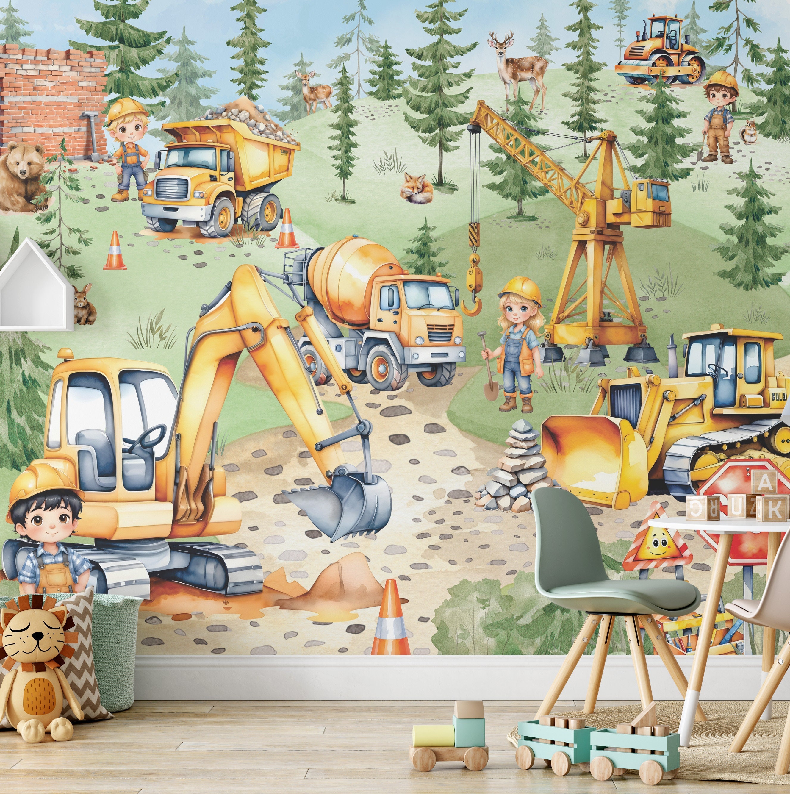 1 Set Of Cartoon Building Vehicle Stickers, Truck Excavator Tractor Wall Stickers, Used For Living Room, Bedroom Wall Stickers, Home Decoration PVC Detachable
