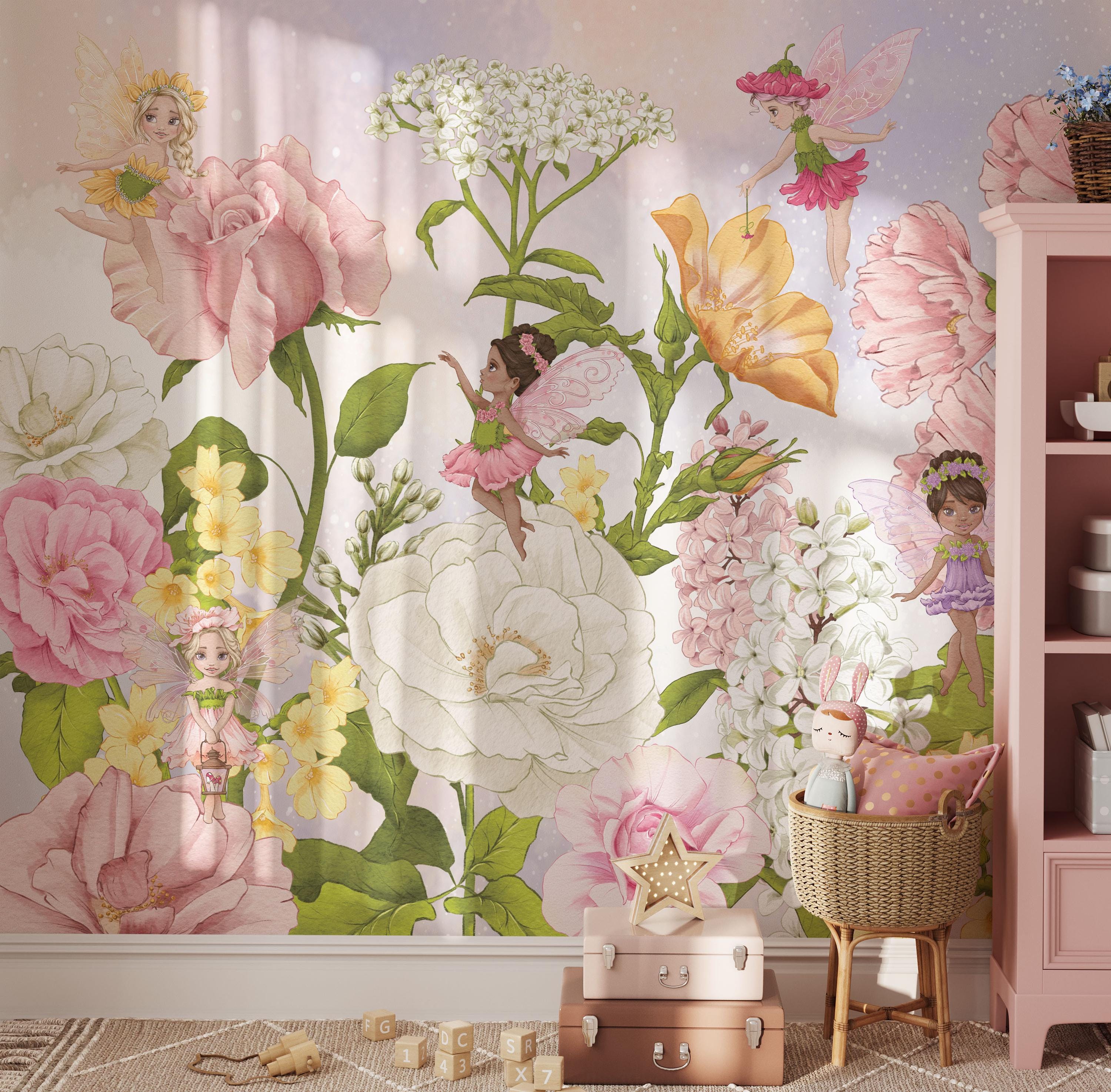 Fairy Nursery Wallpaper Watercolor Floral Wall Mural Peel and Stick ...