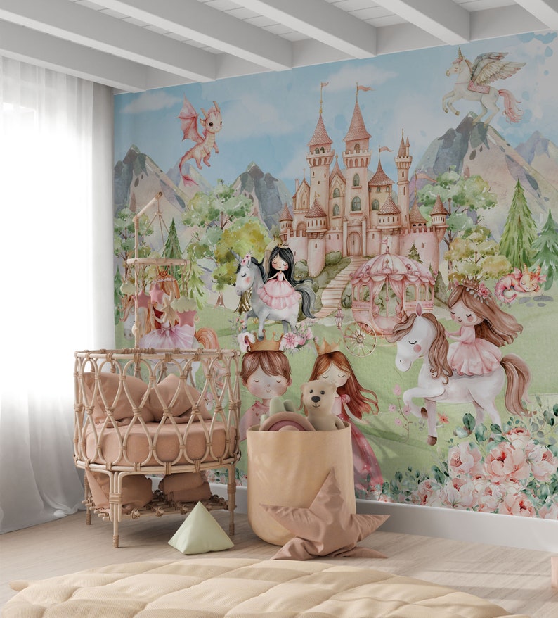 Princess and Castle Nursery Wallpaper Magic Kingdom Fairytale Peel and ...
