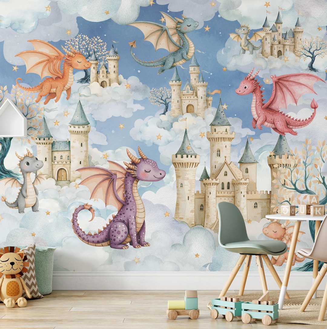 Dragon Nursery Wallpaper Fairy Castle Wall Art Sky and Clouds Forest ...