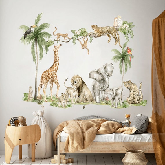 Large Safari Animals and Monkey Wall Decals, Jungle Animal Wall Sticke