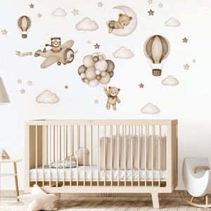 Teddybeer met luchtballonnen, kinderkamer muur sticker, muur sticker voor kinderen, aquarel dieren wand decor, baby meisje muur sticker afbeelding 7