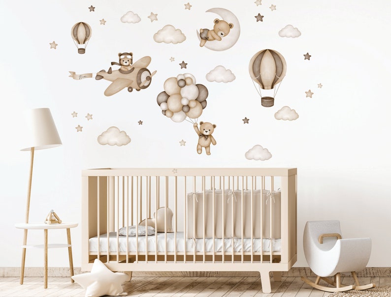 Ours en peluche avec des montgolfières, sticker mural pour chambre d'enfant, sticker mural pour enfants, décoration murale animaux aquarelle, sticker mural bébé fille image 7