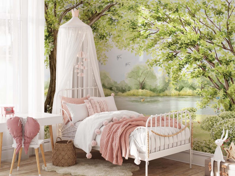 May include: A white metal bed with a canopy, adorned with pink and white bedding and a matching throw blanket. The room features a nature-themed mural and a decorative heart-shaped pillow.