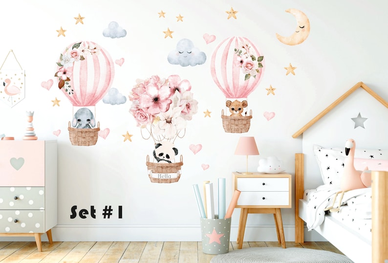 Hot Air Balloon Wall decal, Nursery decal Personalized Name, Watercolor Safari animals wall sticker, Baby girl, Jungle animal decor Wall art 