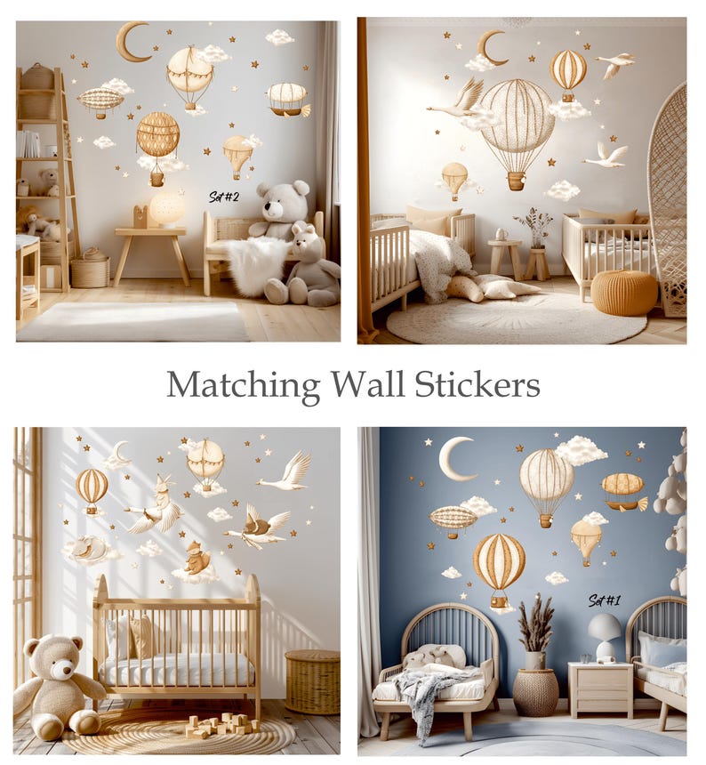 Op de afbeelding: Muurstickers met luchtballonnen, wolken, sterren en manen in beige, bruin en wit. De stickers cre&euml;ren een grillig kinderkamerthema. De tekst "Matching Wall Stickers" is ook zichtbaar in de afbeelding.