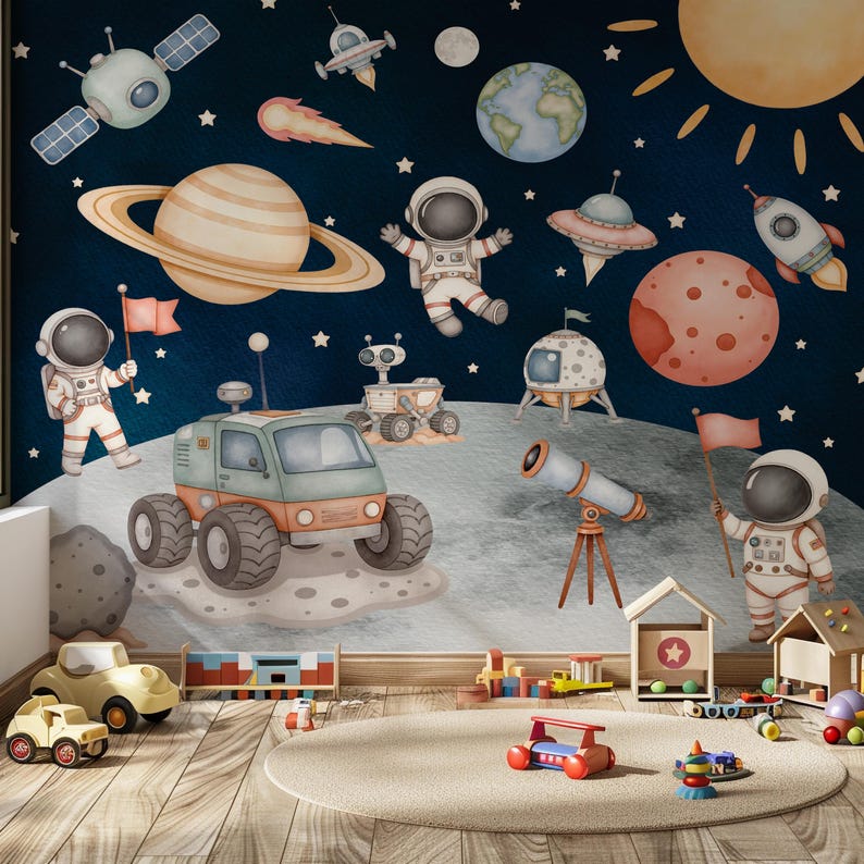 Space and Planets Nursery Wallpaper Astronaut Peel and Stick Wall Mural ...