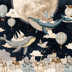 May include: A whimsical illustration of a night sky with a large moon, stars, and clouds. Two blue whales fly through the air, one carrying a sailboat and the other carrying a ship. There are also hot air balloons and a flying turtle.