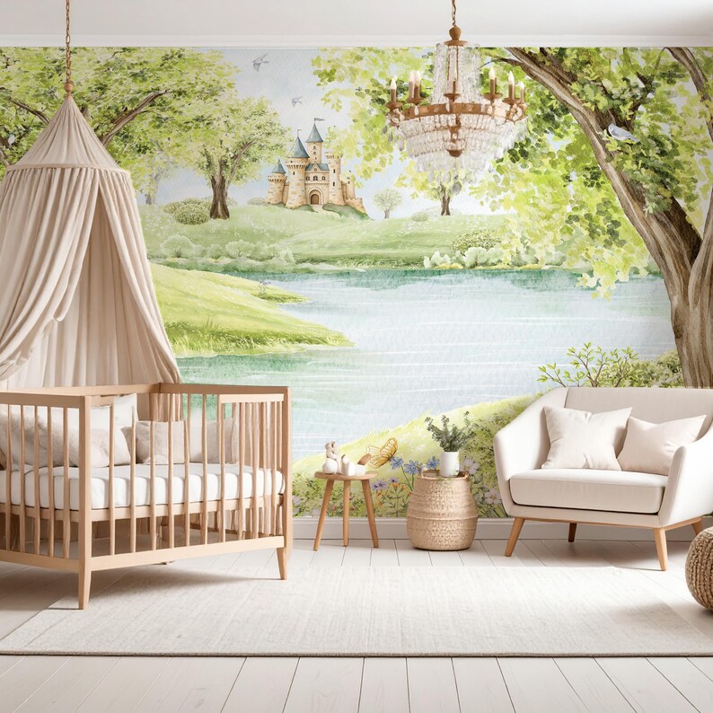 Fairy Tale Castle Nursery Wallpaper Mural Green Trees Wall Art Nature ...