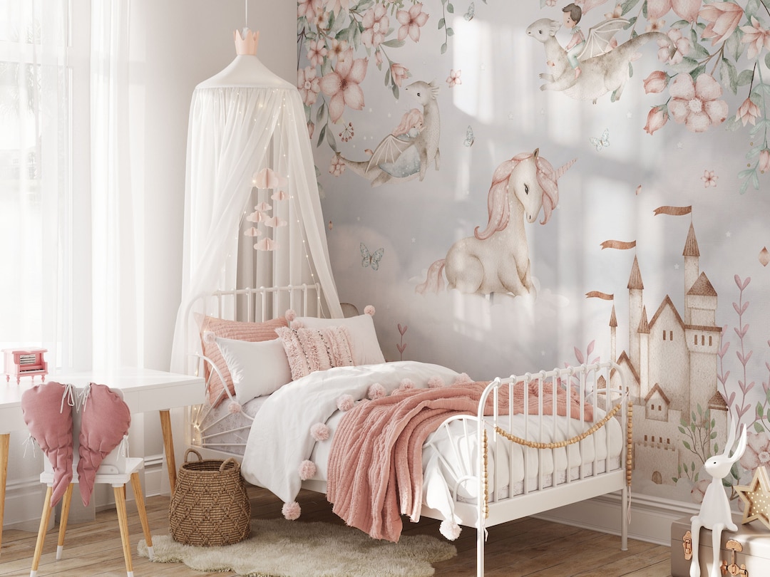 Princess and Unicorn Wallpaper, Nursery Wall Mural, Dragon Wall Art - Etsy