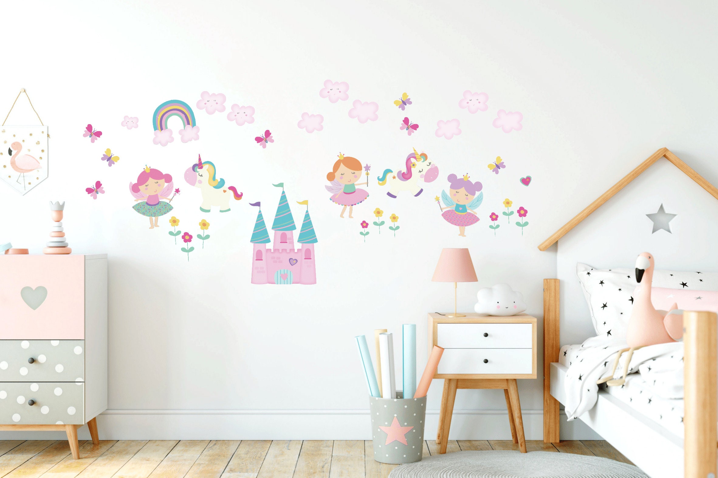 Fairy Unicorn  Wall Stickers snowflakes  Dots  Girls Kids Room Removable Decor 