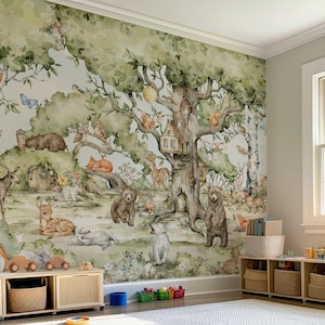 Papier peint pour chambre d'enfants, animaux de la forêt, art mural forestier, arbres aquarelles, animaux sauvages, décoration pour chambre d'enfants