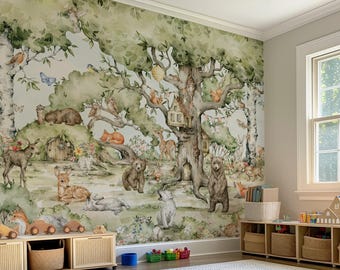 Forest Animals Nursery Wallpaper Woodland Wall Art Watercolor Trees Wild Animals Peel and Stick Kids Room Decor