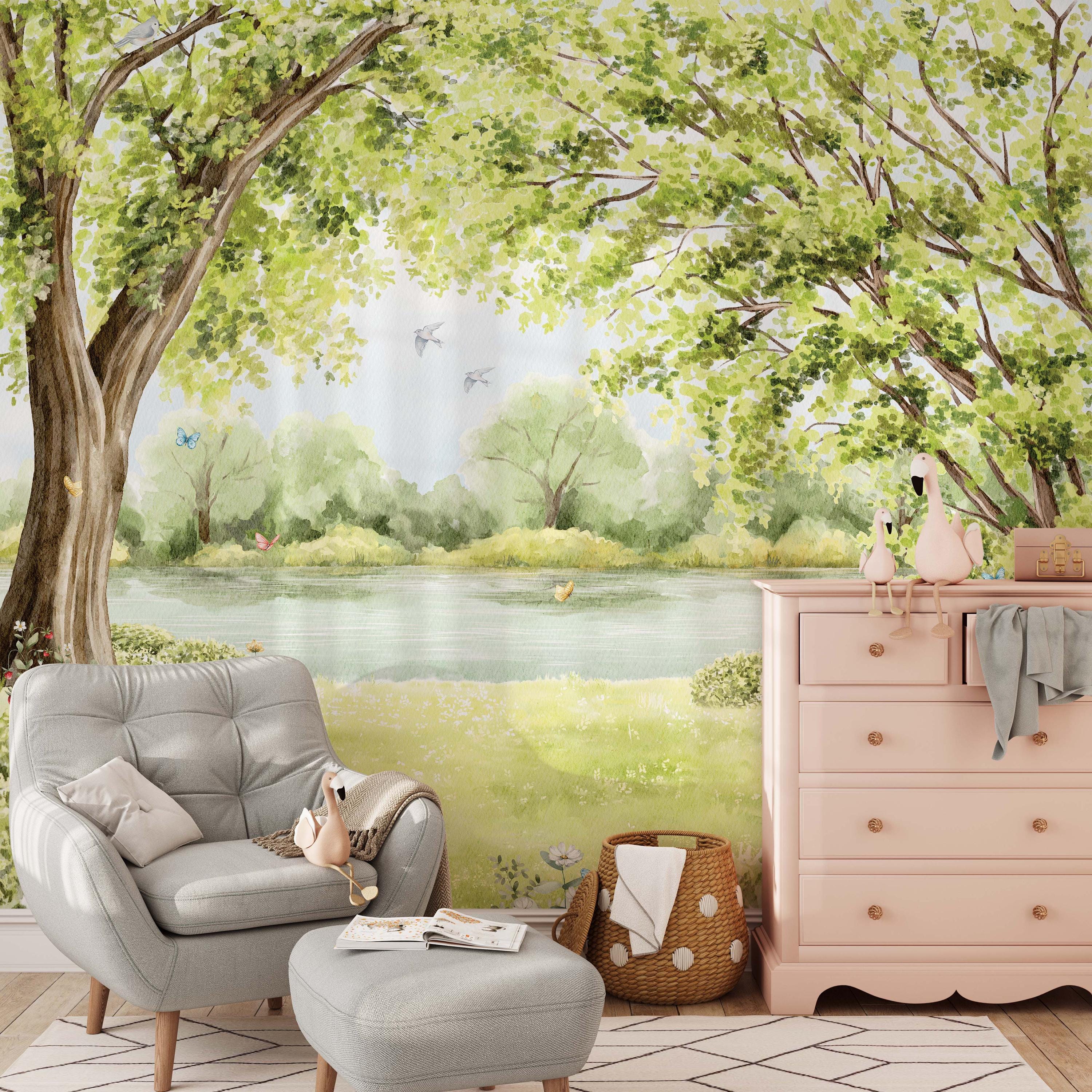 Watercolor Forest Nursery Wallpaper Woodland Wall Mural With Lake and ...
