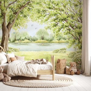 Peel and stick woodland mural in baby room with soft nature theme