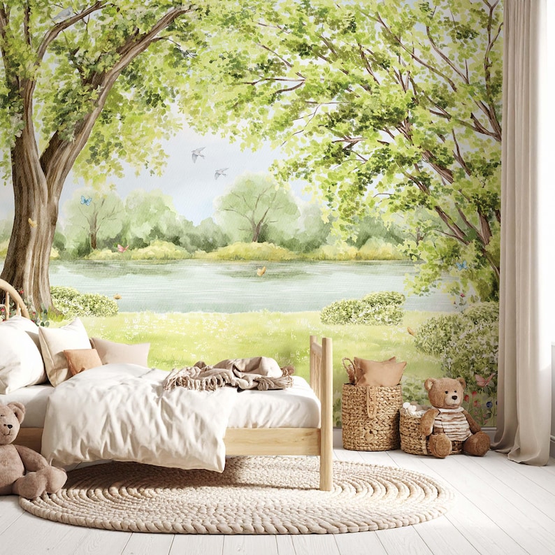 Peel and stick woodland mural in baby room with soft nature theme