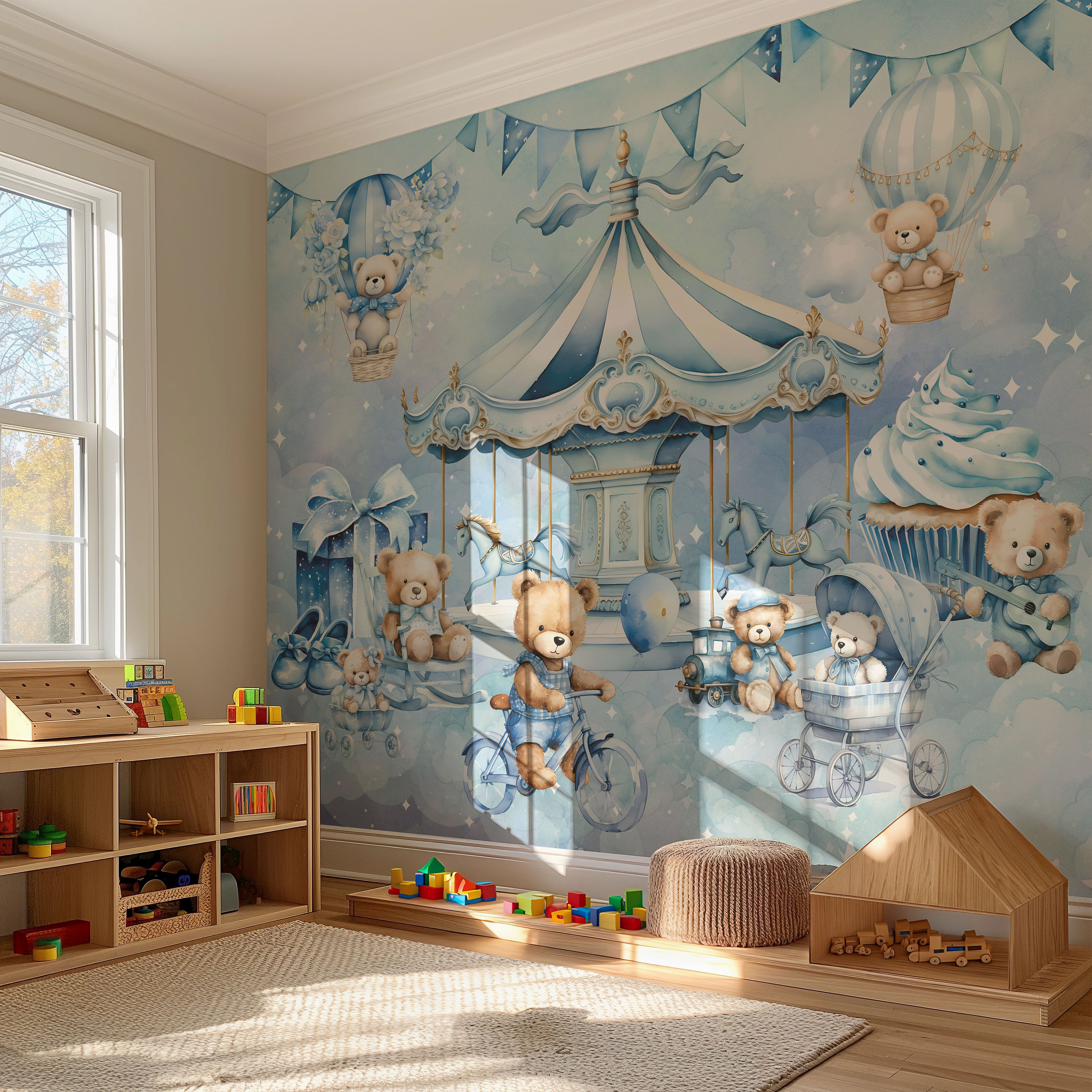 Blue Hot Air Balloon Nursery Wallpaper Flying Teddy Bear Aviator Wall ...
