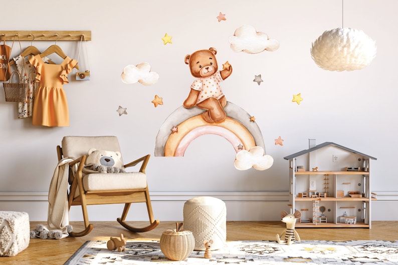 Décalque de mur de pépinière de ballon à air chaud, animaux de safari d'aquarelle, autocollant de mur d'arc-en-ciel, décor de chambre de bébé fille, M size bear+rainbow