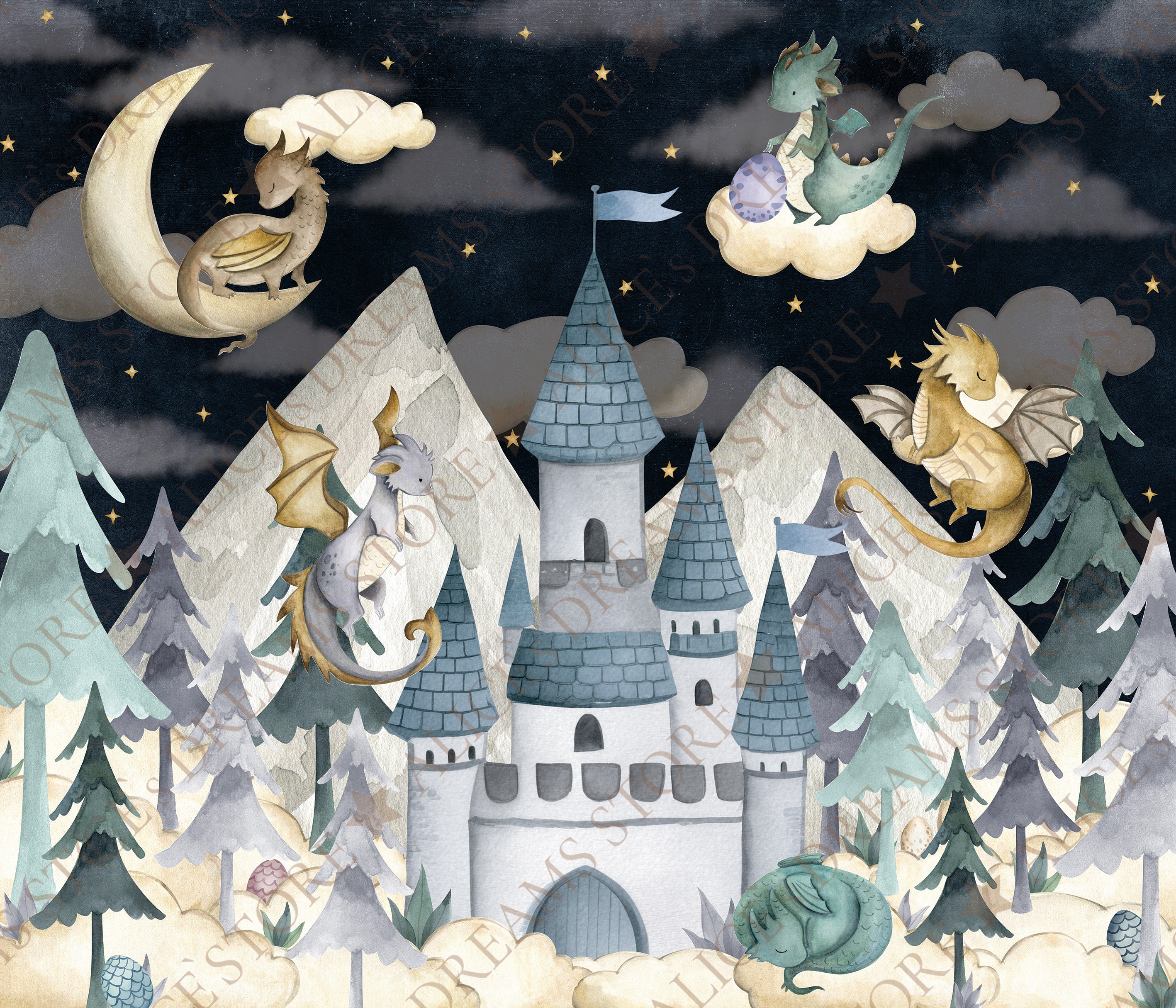 Dragon Nursery Wallpaper Fairy Castle Wall Art Sky and Clouds Forest ...