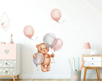 Teddy bear with air balloons, Nursery wall decal, Wall decal for kids, Watercolor animals wall decor, Baby girl wall sticker