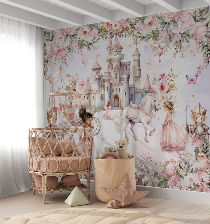 Papier peint princesse et château pour chambre d'enfant, royaume magique, conte de fées, papier peint autocollant, décoration murale pour chambre de filles, papier peint floral image 6