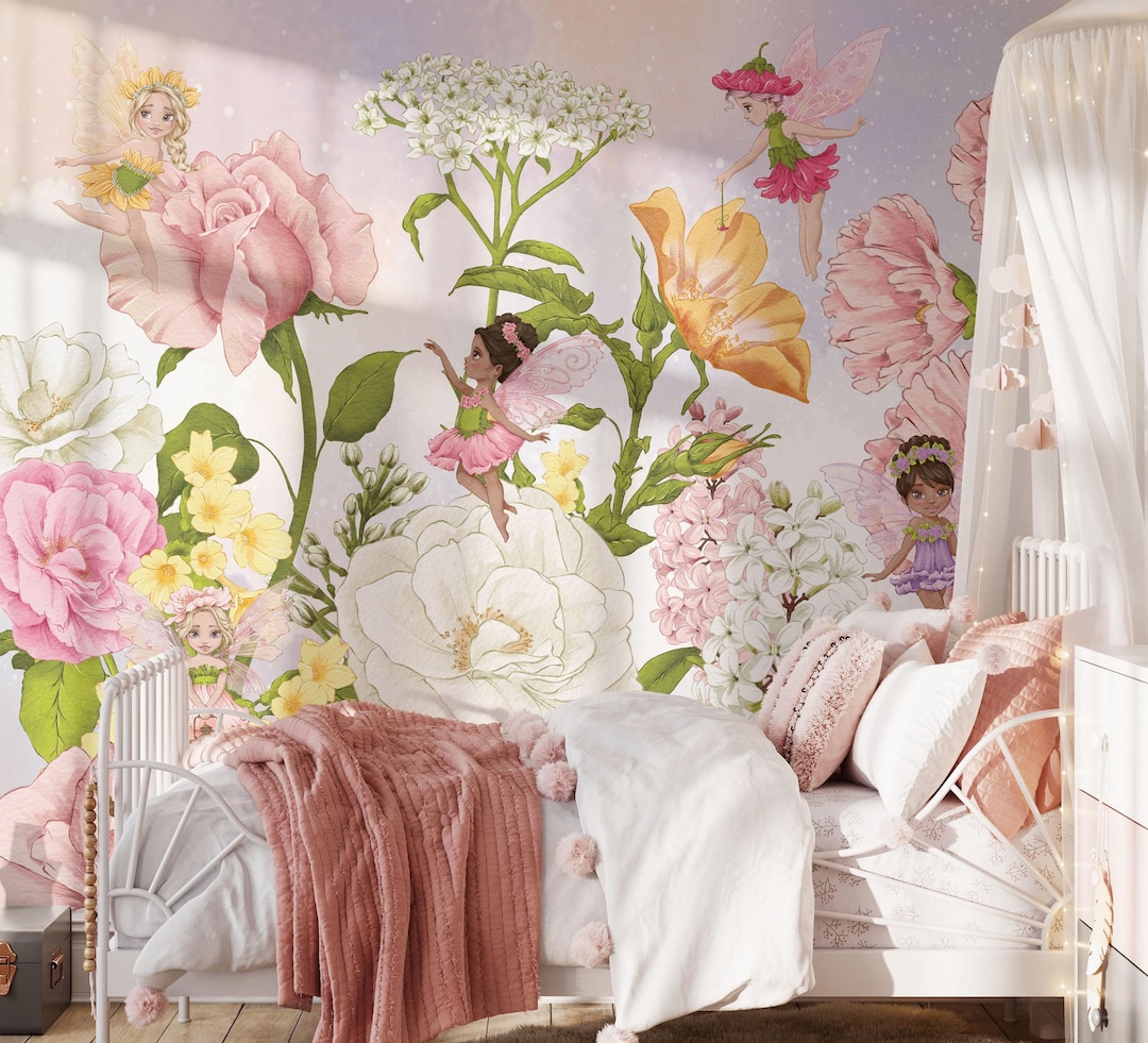 Fairy Nursery Wallpaper Watercolor Floral Wall Mural Peel and Stick ...