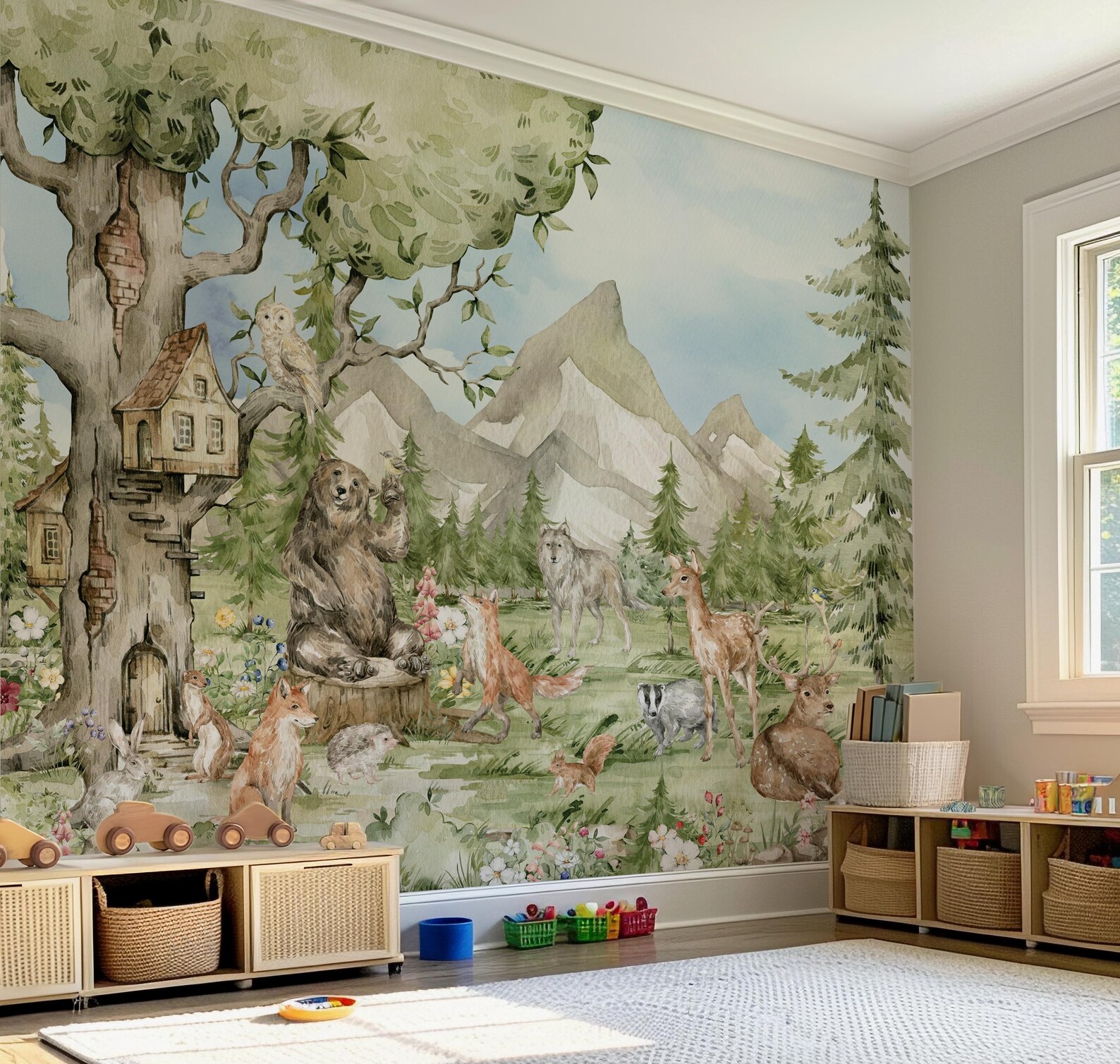 Forest Animals Nursery Wallpaper Woodland Wall Art Watercolor Trees
