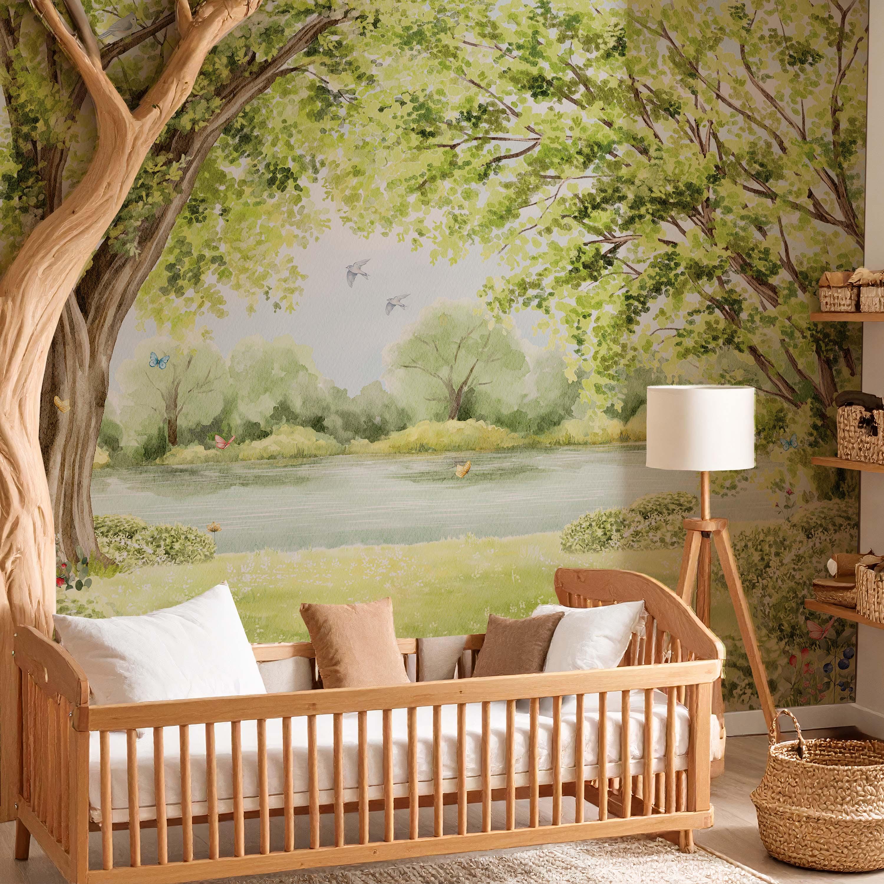 Watercolor Forest Nursery Wallpaper Woodland Wall Mural With Lake and ...
