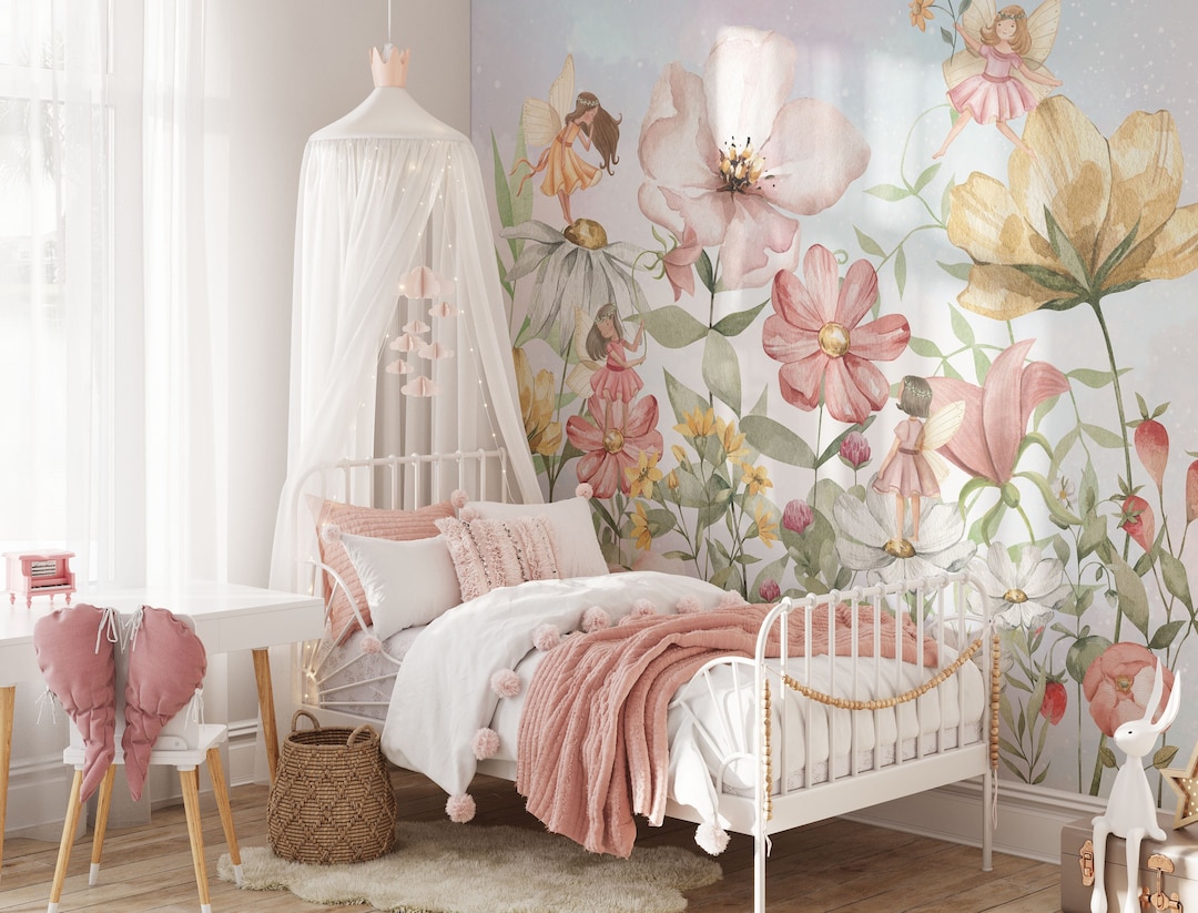 Fairy Nursery Wallpaper Watercolor Floral Wall Mural Peel and Stick ...