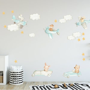Airplane Nursery wall decal, Watercolor animals, Wall stickers Kids room Boys decal, Hot air balloon decal